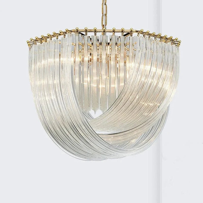 Lustre Post-moderne en plaqué or/chrome métal avec Led E14, suspension en verre rond et chaîne de luminaires | Marco Lucetti