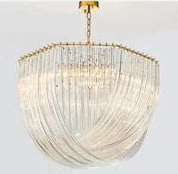 Lustre Post-moderne en plaqué or/chrome métal avec Led E14, suspension en verre rond et chaîne de luminaires | Marco Lucetti D65 H45cm 6 lumières / Couleur or