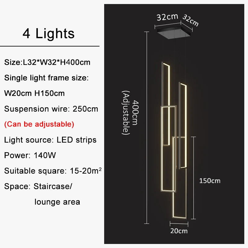 Lustre Premium Or Noir à LED pour Maison Intérieur Salon Escalier Hall Rectangulaire | Marco Lucetti