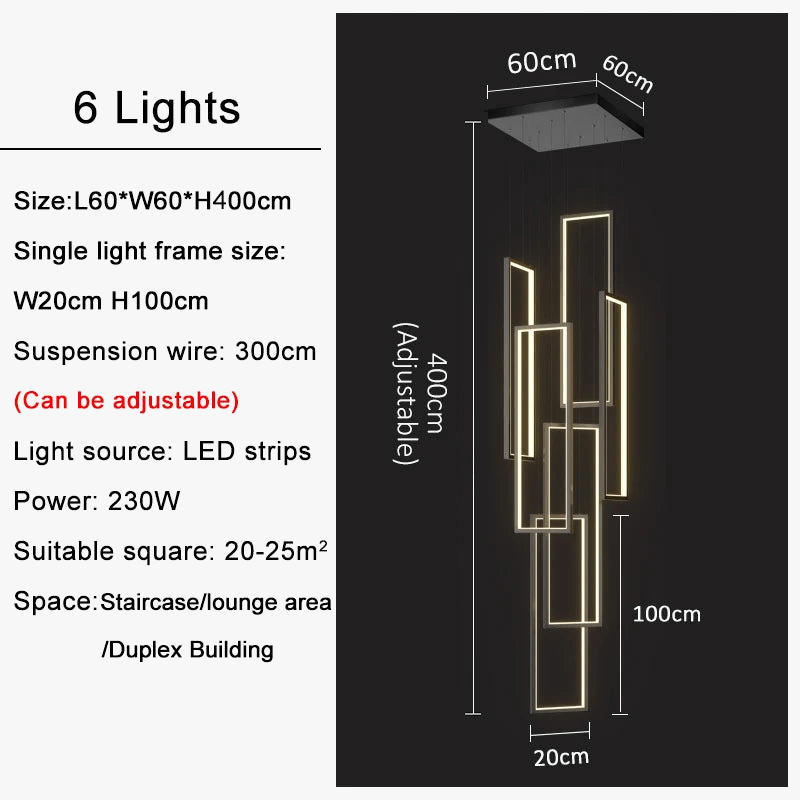 Lustre Premium Or Noir à LED pour Maison Intérieur Salon Escalier Hall Rectangulaire | Marco Lucetti