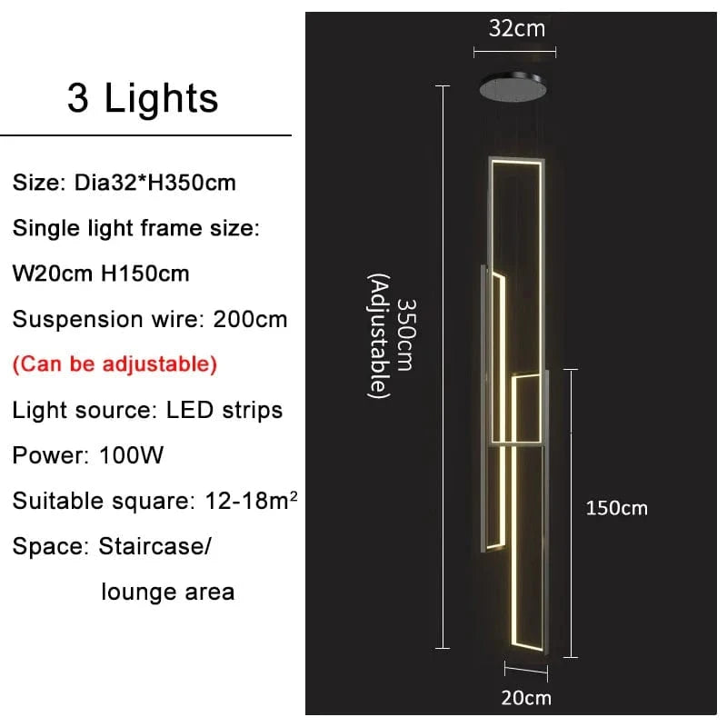 Lustre Premium Or Noir à LED pour Maison Intérieur Salon Escalier Hall Rectangulaire | Marco Lucetti 3 lights(L150cm) / Black / Warm white