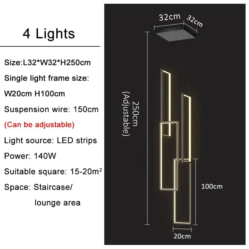 Lustre Premium Or Noir à LED pour Maison Intérieur Salon Escalier Hall Rectangulaire | Marco Lucetti 4 lumières (L100cm) / Or / Blanc chaud