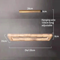 Lustre Rétro américain rectangulaire LED en marbre noir pour salle à manger | Marco Lucetti L120CM / Plaque supérieure noire / Lumière chaude