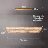 Lustre Rétro américain rectangulaire LED en marbre noir pour salle à manger | Marco Lucetti L180CM / Plaque supérieure dorée / Lumière chaude