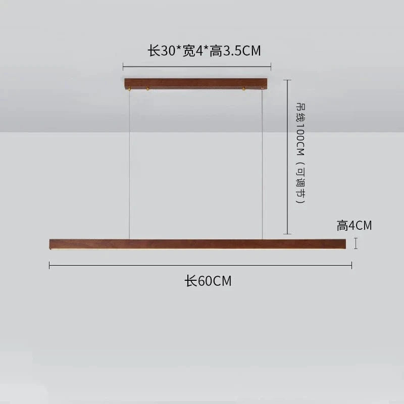 Lustre rétro en bois de noyer pour loft avec bande longue | Marco Lucetti L60cm / Lumière tricolore