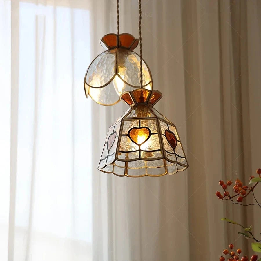 Lustre rétro en cuivre avec abat-jour en verre artisanal | Marco Lucetti