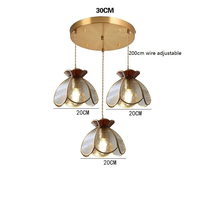 Lustre rétro en cuivre avec abat-jour en verre artisanal | Marco Lucetti 3 têtes 1 / 4W (MAX100W)