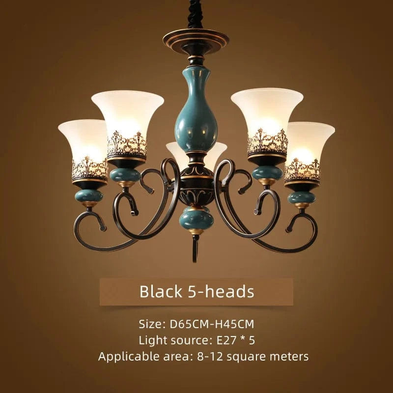 Lustre rétro européen en céramique - Collection 2024 | Marco Lucetti Noir 5 têtes / Blanc chaud