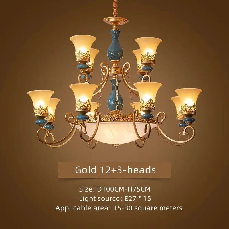 Lustre rétro européen en céramique - Collection 2024 | Marco Lucetti Or 15 têtes / Blanc chaud