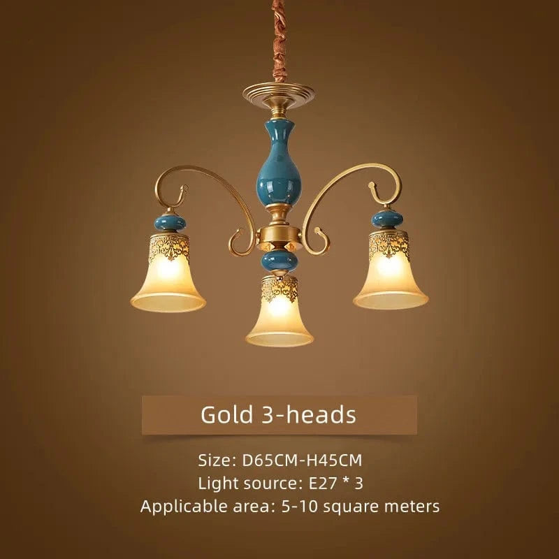 Lustre rétro européen en céramique - Collection 2024 | Marco Lucetti Or 3 têtes / Blanc chaud