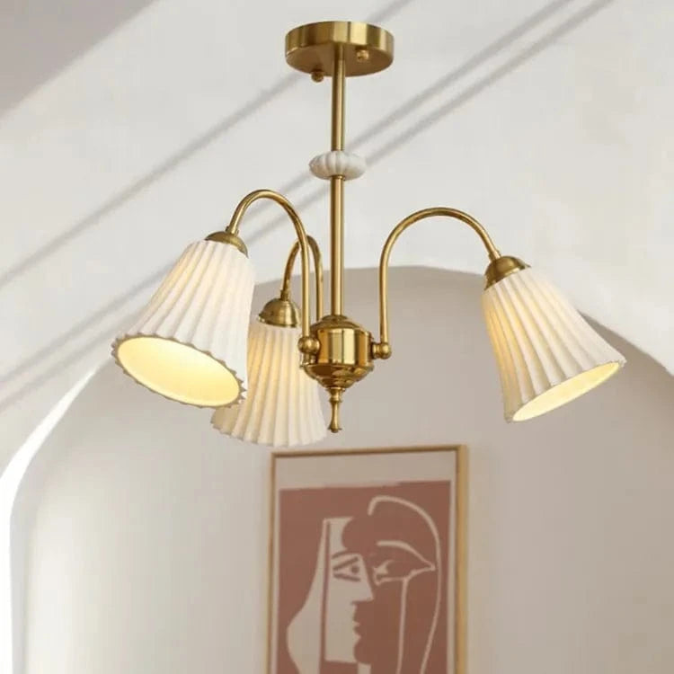 Lustre rétro français en céramique blanche de style vintage | Marco Lucetti 3 têtes-Cuivre