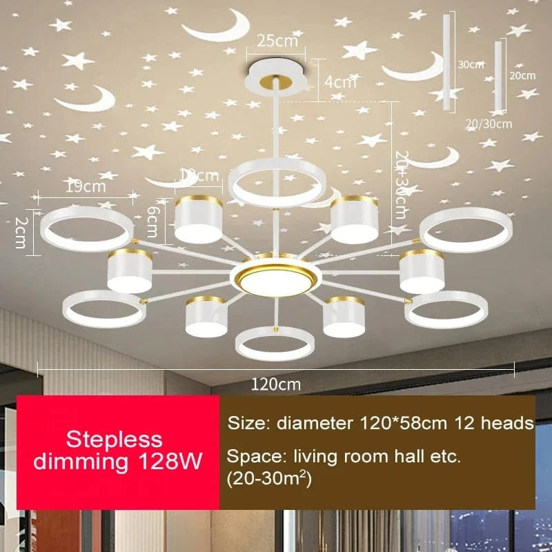 Lustre romantique étoilé moderne à 6 lumières créatif 2024 - Collection Stella Glow | Marco Lucetti 12 têtes / 3 couleurs à intensité variable