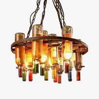 Lustre rustique rétro, métal et bouteilles verre, 60x32cm