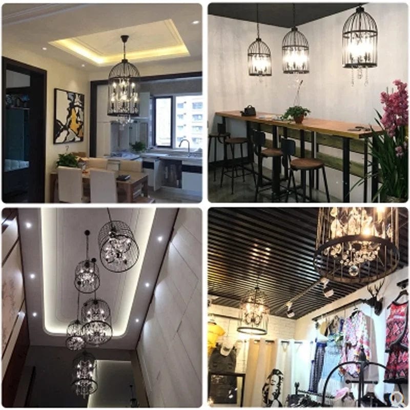 Lustre Vintage Américain en Fer avec Cage à Oiseaux et Cristaux - Style Authentique | Marco Lucetti