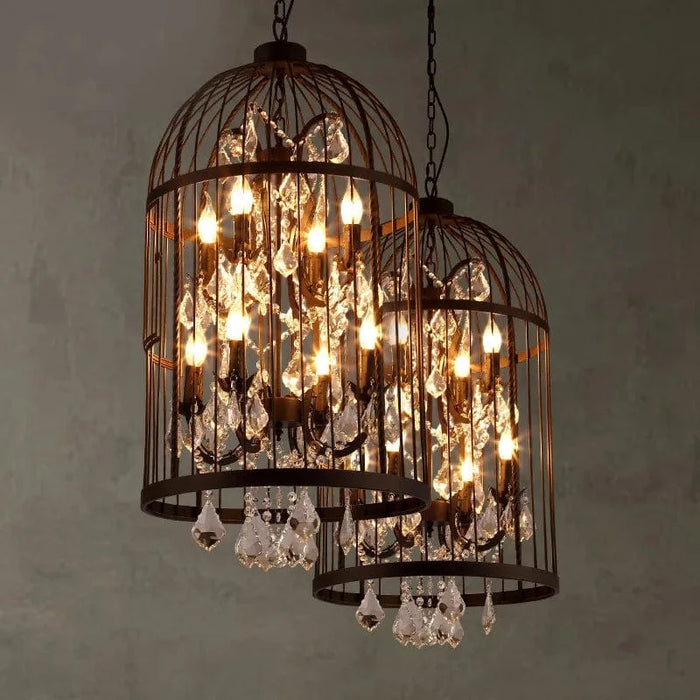 Lustre Vintage Américain en Fer avec Cage à Oiseaux et Cristaux - Style Authentique | Marco Lucetti Noir / Diamètre 35 cm / Blanc chaud