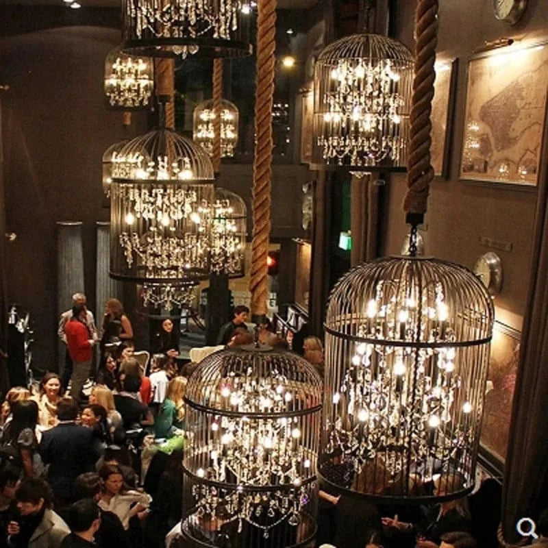 Lustre Vintage Américain en Fer Cage à Oiseaux avec Cristaux Rétro | Marco Lucetti