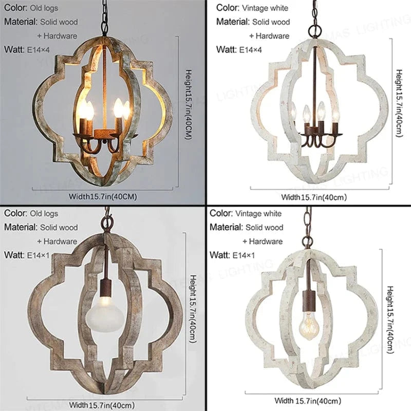 Lustre Vintage en Bois Massif "French-American Style" - Éclairage Rétro Blanc 4 Lumières | Marco Lucetti