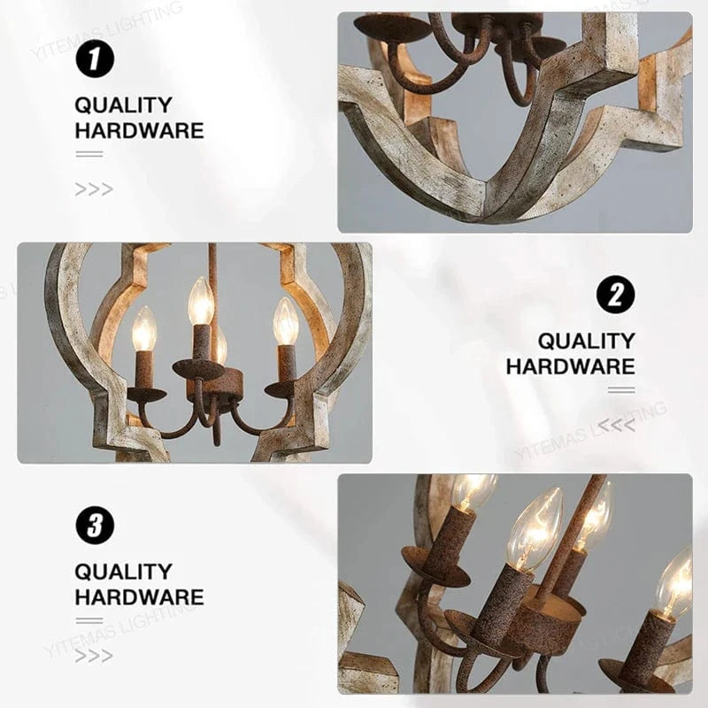 Lustre Vintage en Bois Massif "French-American Style" - Éclairage Rétro Blanc 4 Lumières | Marco Lucetti