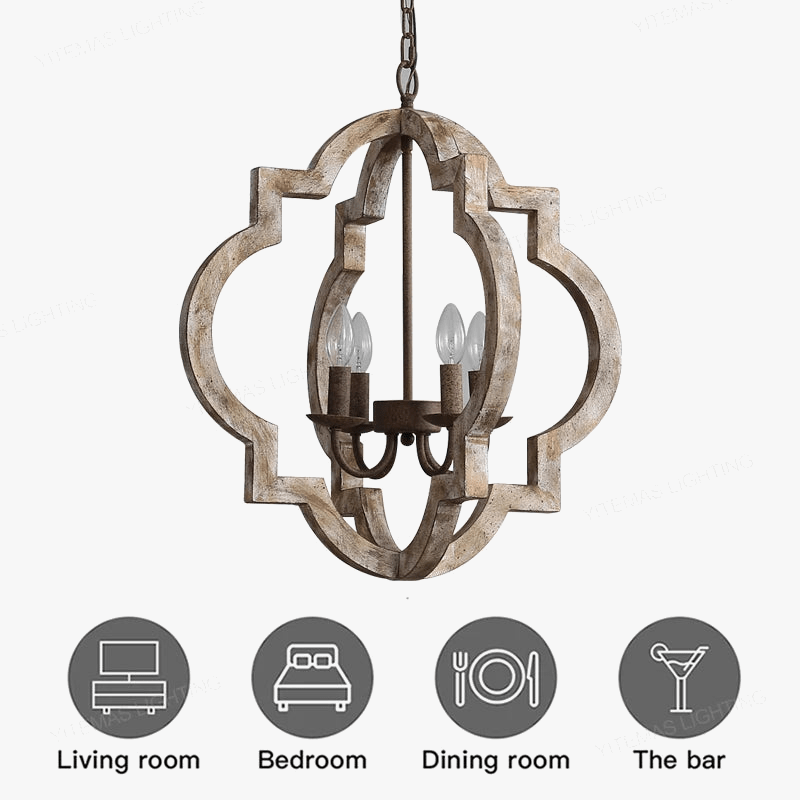 Lustre Vintage en Bois Massif "French-American Style" - Éclairage Rétro Blanc 4 Lumières | Marco Lucetti