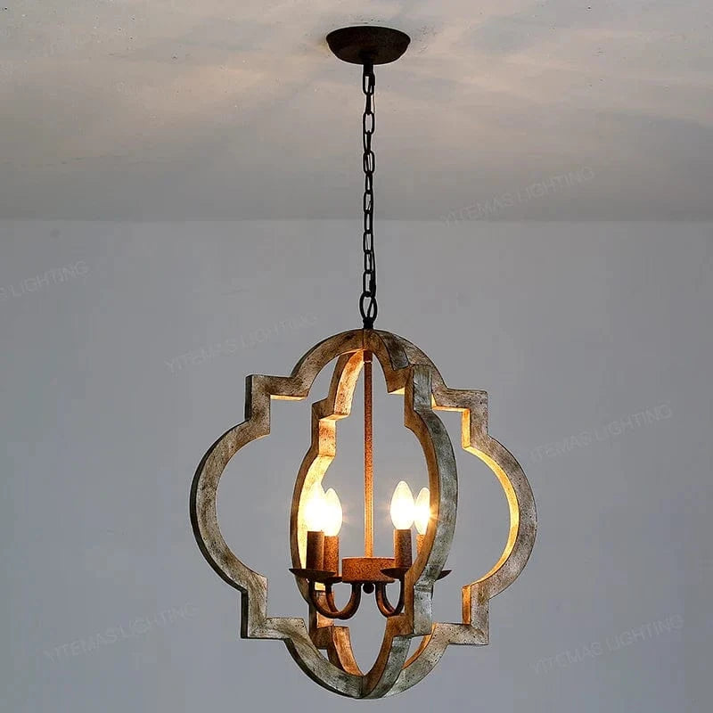 Lustre Vintage en Bois Massif "French-American Style" - Éclairage Rétro Blanc 4 Lumières | Marco Lucetti