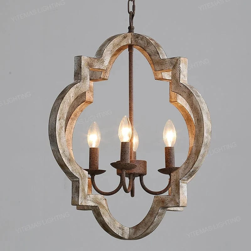 Lustre Vintage en Bois Massif "French-American Style" - Éclairage Rétro Blanc 4 Lumières | Marco Lucetti