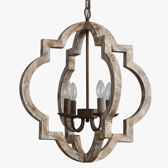 Lustre Vintage en Bois Massif "French-American Style" - Éclairage Rétro Blanc 4 Lumières | Marco Lucetti