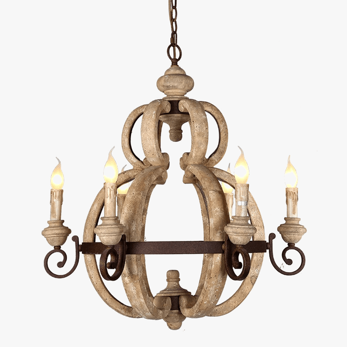 Lustre vintage rustique en bois avec 6 lumières décoratives. | Marco Lucetti