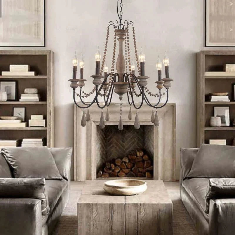 Lustre Vintage Rustique en Bois avec Perles pour un Éclairage Intérieur Élégant | Marco Lucetti