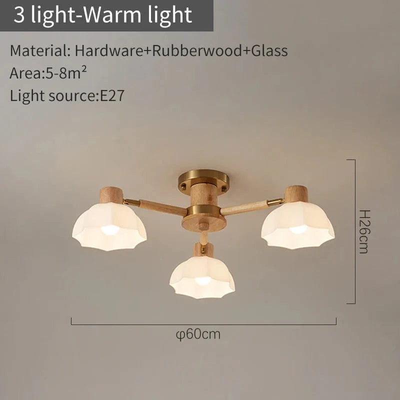 Lustres modernes nordiques en bois de caoutchouc avec lampadaires en verre pour salon blanc chaud et lumière froide | Marco Lucetti 3 lumières lumière chaude