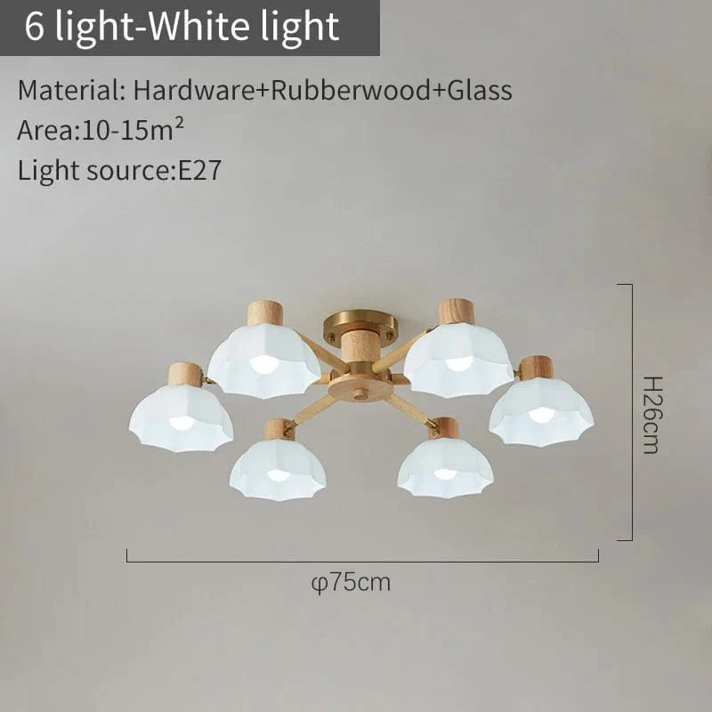 Lustres modernes nordiques en bois de caoutchouc avec lampadaires en verre pour salon blanc chaud et lumière froide | Marco Lucetti 6 lumières lumière blanche