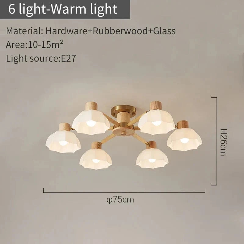 Lustres modernes nordiques en bois de caoutchouc avec lampadaires en verre pour salon blanc chaud et lumière froide | Marco Lucetti 6 lumières lumière chaude