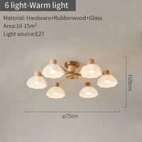 Lustres modernes nordiques en bois de caoutchouc avec lampadaires en verre pour salon blanc chaud et lumière froide | Marco Lucetti 6 lumières lumière chaude