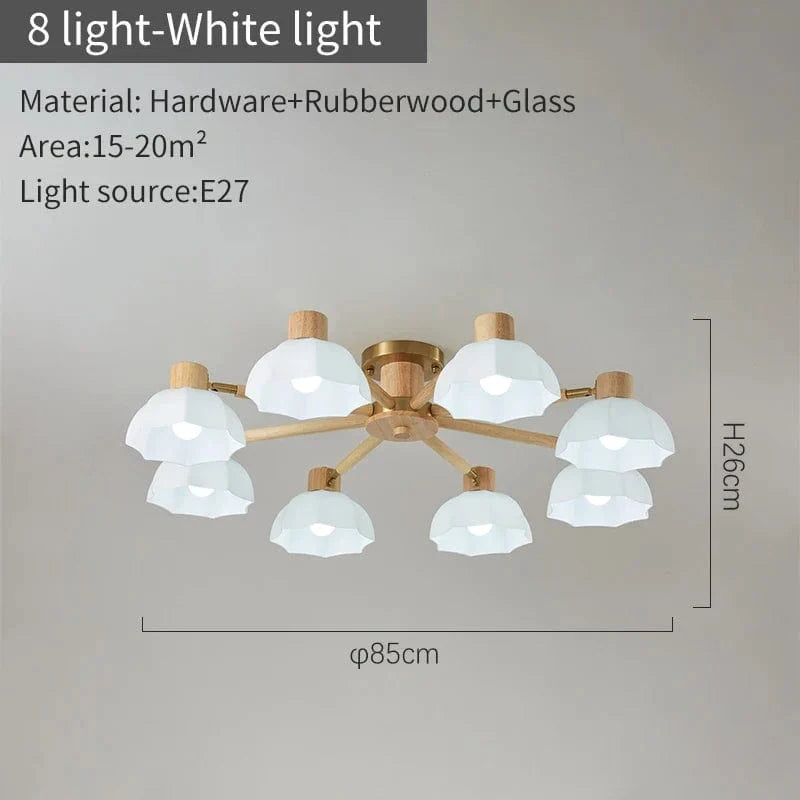 Lustres modernes nordiques en bois de caoutchouc avec lampadaires en verre pour salon blanc chaud et lumière froide | Marco Lucetti 8 lumières blanches