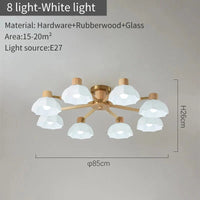 Lustres modernes nordiques en bois de caoutchouc avec lampadaires en verre pour salon blanc chaud et lumière froide | Marco Lucetti 8 lumières blanches