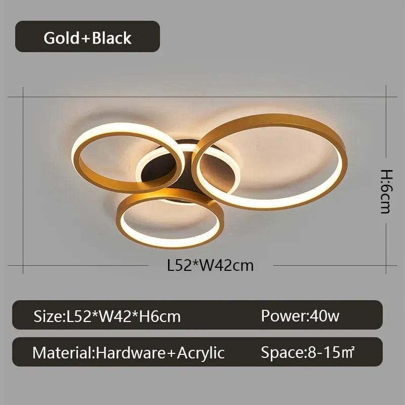 NEO Gleam - Lustre Moderne pour Plafond - Lumières de Salon et de Chambre - Noir/Or - LED - AC85-265V | Marco Lucetti 4 Anneaux Or / RC à intensité variable / Chine