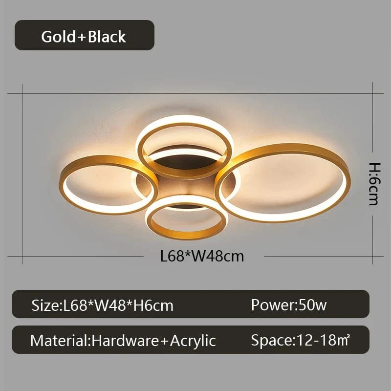 NEO Gleam - Lustre Moderne pour Plafond - Lumières de Salon et de Chambre - Noir/Or - LED - AC85-265V | Marco Lucetti 5 Anneaux Or / RC à intensité variable / Chine
