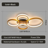 NEO Gleam - Lustre Moderne pour Plafond - Lumières de Salon et de Chambre - Noir/Or - LED - AC85-265V | Marco Lucetti 5 Anneaux Or / RC à intensité variable / Chine