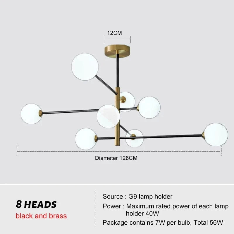 Nordic Luxe : Lustre en Verre et Laiton pour Déco Intérieur - Suspension Élégante  | Marco Lucetti 8 têtes noires / Tuyau 20 20 30CM / Blanc chaud