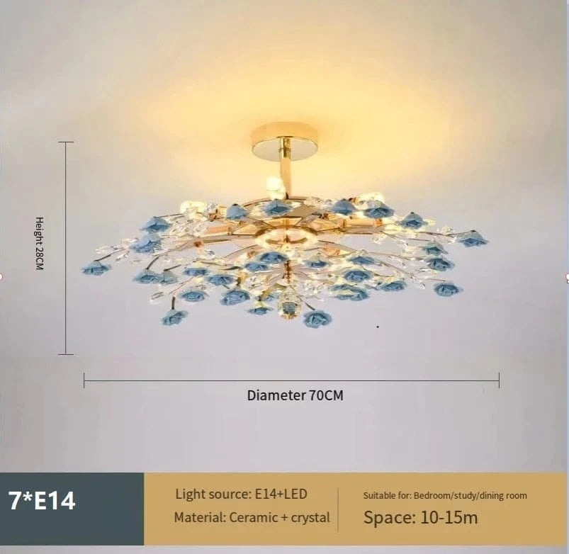 Plafonnier de luxe moderne en céramique avec fleurs en cristal | Marco Lucetti Bleu 70cm / 3 couleurs modifiables