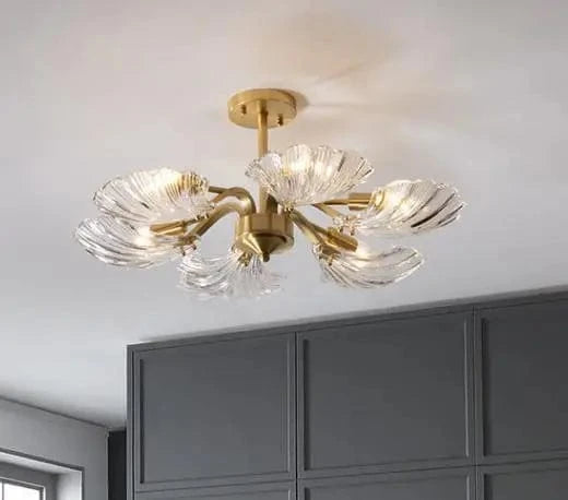 Plafonnier en verre Antique coquille cuivre - Éclairage LED pour cuisine, salle à manger et chambre | Marco Lucetti 6 lumières Dia 70CM