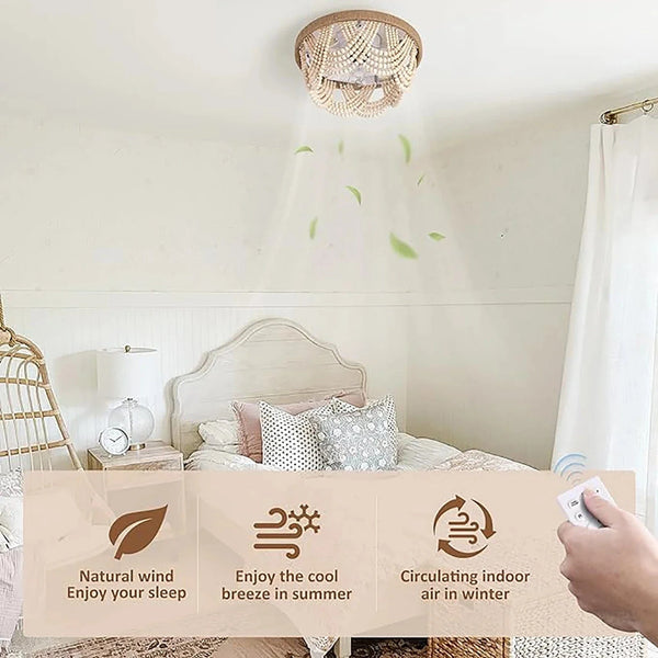 Plafonnier LED Bohémien en Perles de Bois avec Télécommande Style Nordique Vintage | Marco Lucetti