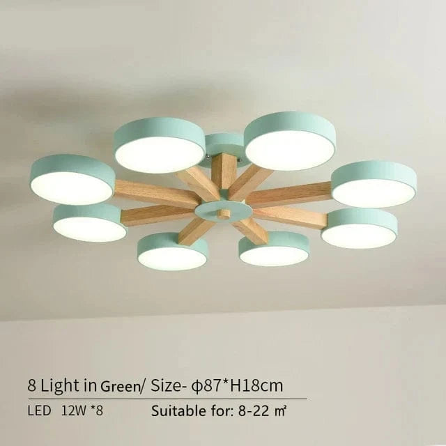 Plafonnier LED en bois au design contemporain. | Marco Lucetti 8 lumières en vert / Lumière modifiable