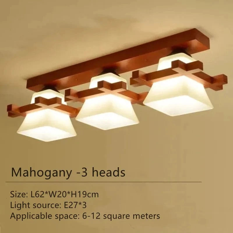 Plafonnier LED japonais avec abat-jour en verre et base en bois - Édition Exclusive | Marco Lucetti 3 têtes-B / Lumière chaude