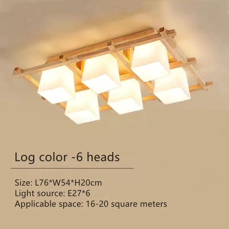 Plafonnier LED japonais avec abat-jour en verre et base en bois - Édition Exclusive | Marco Lucetti 6 têtes-A / Lumière chaude