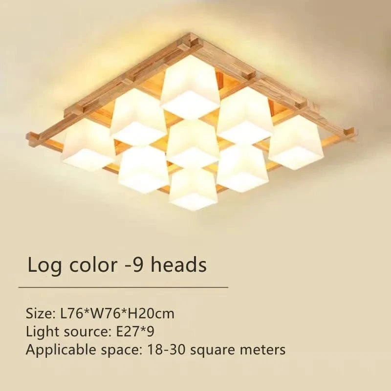 Plafonnier LED japonais avec abat-jour en verre et base en bois - Édition Exclusive | Marco Lucetti 9 têtes-A / Lumière tricolore