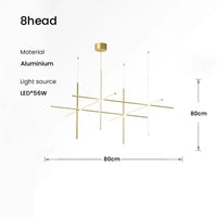 Plafonnier LED linéaire moderne "Made in Italy" pour décoration haut de gamme de l'hôtel et de la salle à manger | Marco Lucetti 8 têtes 80x80x80 / Or / Blanc chaud