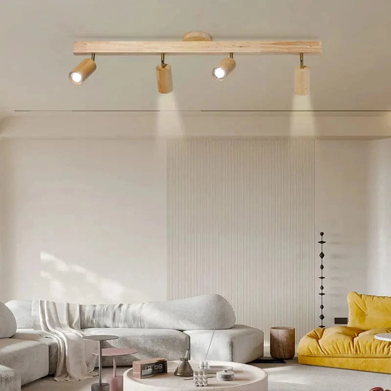 Plafonnier LED moderne en bois pour intérieur : Long lustre sur rail avec projecteur | Marco Lucetti