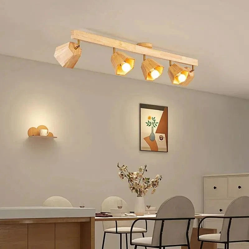 Plafonnier LED moderne en bois pour intérieur : Long lustre sur rail avec projecteur | Marco Lucetti