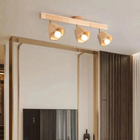 Plafonnier LED moderne en bois pour intérieur : Long lustre sur rail avec projecteur | Marco Lucetti T4566-3T-A / Blanc chaud-3000K