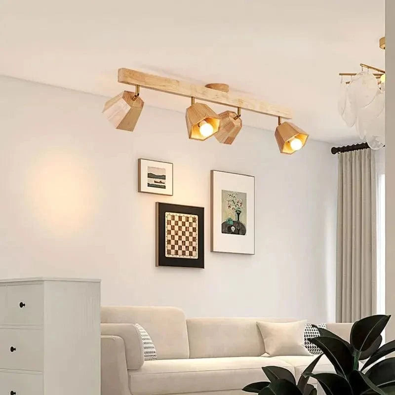 Plafonnier LED moderne en bois pour intérieur : Long lustre sur rail avec projecteur | Marco Lucetti T4566-4T-A / Blanc chaud-3000K